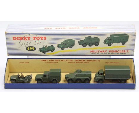 Dinky Toys Gift Set No. 699 Military Vehicles (1) containing No. 674 Austin Champ, No. 641 1 Ton Army Truck, No. 676 Armoured