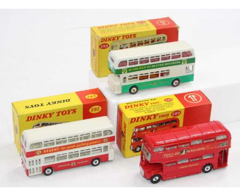 Dinky Toys boxed group of 3 buses comprising No. 289 Routemaster London Bus in Tern Shirts livery, No. 292 Leyland Atlantean 