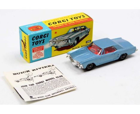 Corgi Toys No. 245 Buick Riviera comprising of metallic blue body with red interior and wirework wheel hubs, all suspension i