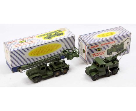 2 boxed Dinky Toys military diecasts comprising No. 667 Military Missile Servicing Platform vehicle, green body with matching