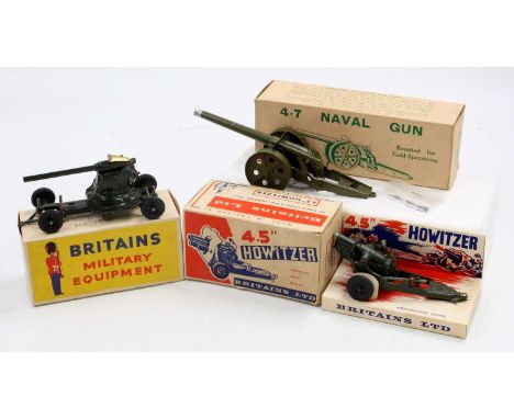 Three various boxed Britains Vintage military field guns and accessories to include a No. 1264 4.7 naval gun, a No. 9725 4.5 