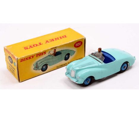 Dinky Toys No. 101 Sunbeam Alpine sports car comprising light blue body with dark blue interior and mid blue hubs in the corr