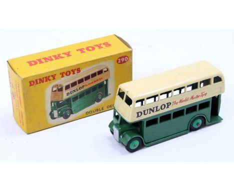 Dinky Toys No. 290 double decker bus comprising of cream and green body with mid green hubs and Dunlop livery in the original