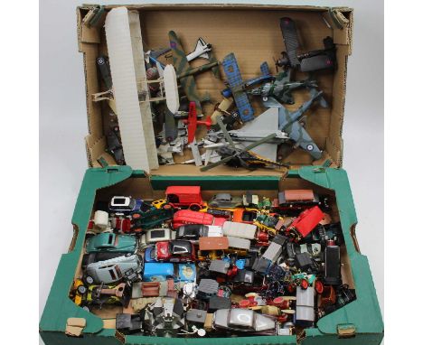 Two trays containing a quantity of mixed diecast to include aircraft and saloon interest to include a Neo scale model Durn la