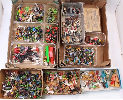 2 trays containing a large collection of mostly Britains and Timpo figures, including Britains Deetail Army, Wild West, Knigh