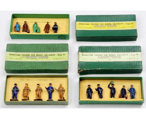 3 Dinky Toys boxed figure sets comprising No. 1 Station Staff, No. 3 Passengers (one figure missing), No. 4 Engineering Staff