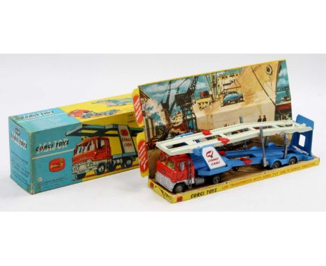 Corgi Toys 1138 Car Transporter with Ford Tilt Cab H series tractor unit and trailer, comprising of red and blue body with ca