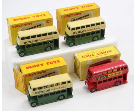 Dinky Toys boxed public transport group of 4 comprising 3x No. 290 Double Deck Bus, all in green &amp; Cream, with Dunlop dec