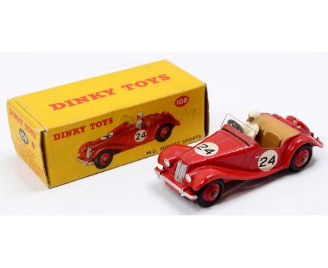 Dinky Toys 108 MG Midget, red body with red wheels, Racing No.24 with driver in very near mint condition and comes in crisp b