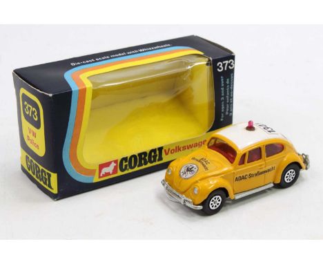 Corgi Toys No. 373/383 Volkswagen 1200 Saloon (Beetle), yellow body, with a white roof with red roof light, red interior, and