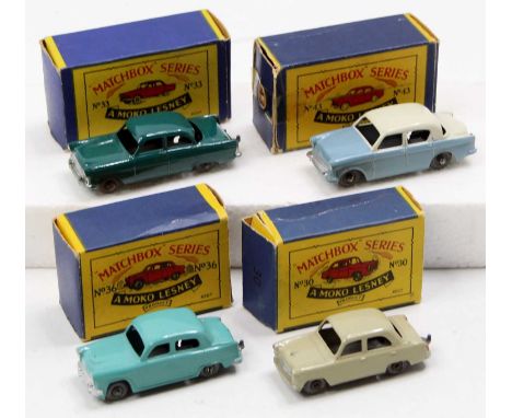 Matchbox Lesney boxed model group of 4 comprising No. 33 Ford Zodiac, No. 36 Austin A50, No. 30 Ford Prefect, and No. 43 Hill
