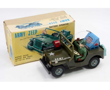 A modern Toys of Japan tinplate and plastic battery operated model of an Army Jeep, complete with mystery action and machine 