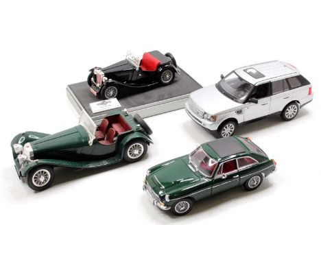 A small collection of mixed 1/18th scale diecasts comprising a Universal Hobbies MGB GT, a Road Signature MG TC Midget, a Bur