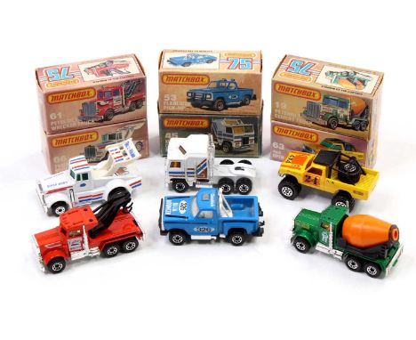 Matchbox Lesney Superfast boxed model group of 6 comprising No. 19 Peterbilt Cement Truck, No. 45 Kenworth Cabover Aerodyne, 