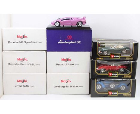 One box containing 9 various 1/18 and 1/24 scale Maisto Bburago and promotional issue modern issue diecast to include a Bbura