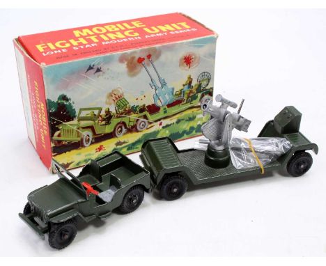 A Lonestar Modern Army series No. MFU5 Rocket Launching trailer with matching Jeep, comprising of green body with black plast