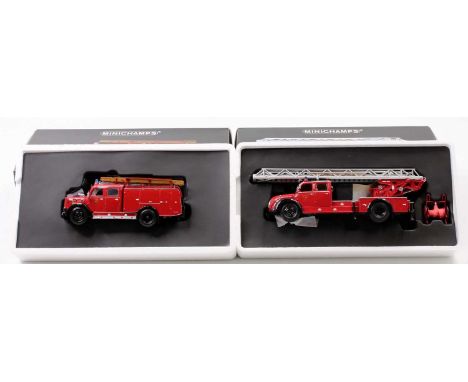 2 Minichamps 1/43rd scale Magirus-Deutz Fire Engine models comprising No. 439 140070 Magirus 6500 S 1954, and No. 439 141170 