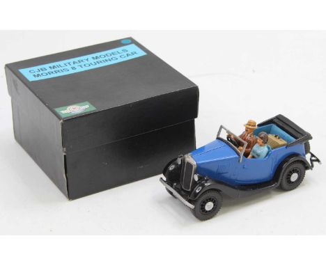 A CJB Military Models Morris 8 Touring Car, blue body with a light blue interior, with black wings and running boards, comes 