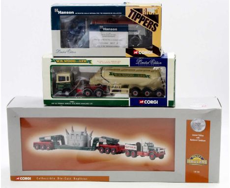 A collection of Corgi 1/50 scale road haulage diecasts to include No. CC11804 Hanson Aggregates tipper, a No. 74904 WR Wood H
