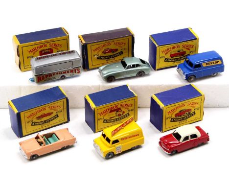 Matchbox Lesney boxed model group of 6 comprising No.25 Dunlop Bedford Van, No.42 Evening News Van, No.74 Refreshments Stand 