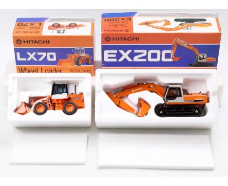 A Shinsei 1/40 scale Hitachi construction vehicle group to include an EX200 Excellent Excavator and an LX70 wheel loader, bot