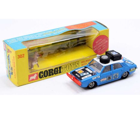 Corgi Toys No. 302 Hillman Hunter Rally Car, blue body with white roof, matt bonnet, RN75, with equipment to roof, in the ori