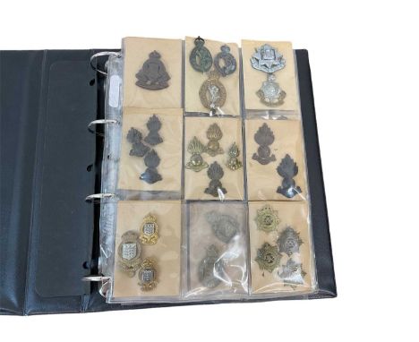 One album of British military cap badges and others to include Army Ordinance Corps Wartime economy issue, First World War On