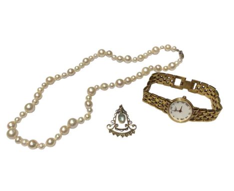 Longines gold plated stainless steel wristwatch, Edwardian 9ct gold gem set pendant and a single string cultured pearl neckla