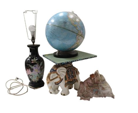 National Geographic globe on stand, together with various other items, including lamps, elephant table, door stop, copper ket