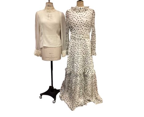 Vintage maxi in cream chiffon with black polka dots, filly to neck, cuffs and deep frill to hem. Dark blue velvet maxi coat, 