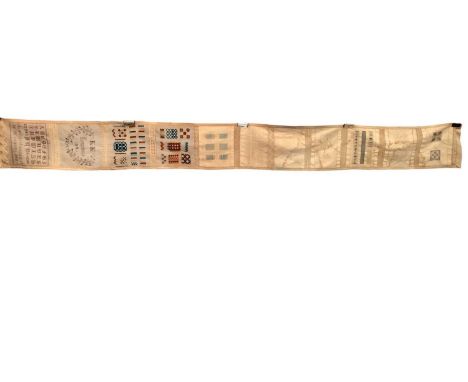 Early Victorian large embroidery canvas and linen sampler panels on a roll including alphabet, Berlin woolwork, weaving, pint