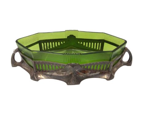 WMF Art Nouveau style electroplated twin-handled bowl, with green glass insert, 24cm wide