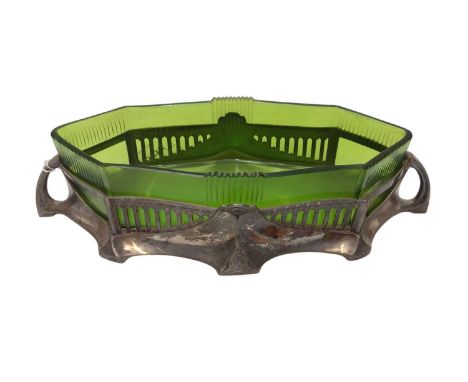 WMF Art Nouveau style electroplated twin-handled bowl, with green glass insert, 24cm wide