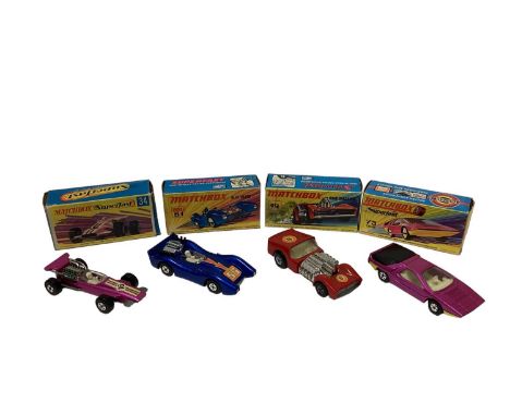 Matchbox 1:75 Series Superfast including Blue Shark No.61, Road Dragster No.19, Alfa Carabo No.75, F1 Racing Car No.34, Hover