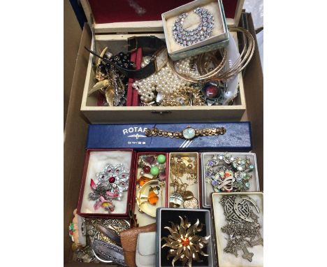 Group of vintage costume jewellery including paste set brooches, Rotary wristwatch in box and other bijouterie