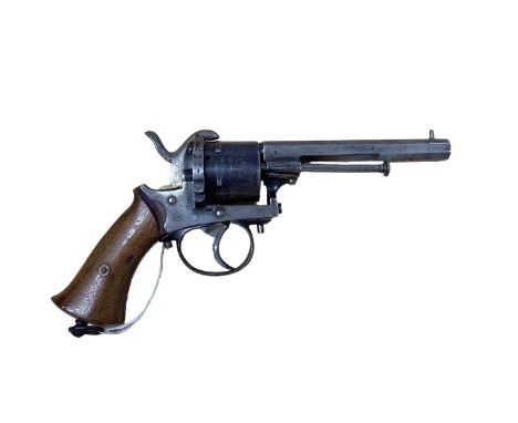 Late 19th century Belgium six shot Pinfire revolver with Liege proofs, walnut grips with lanyard ring 24cm overall