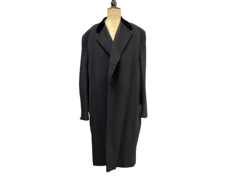 1975 Jones &amp; Co London navy overcoat with velvet collar, 1954 black tail coat with velvet collar and matching button fly 