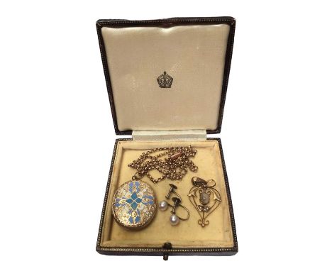 Victorian yellow metal enamelled oval locket with glazed interior containing a hair work panel and portrait photograph, on Vi