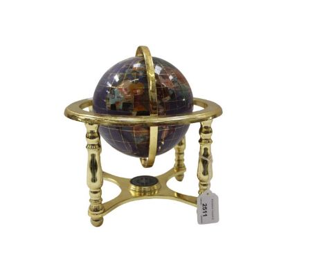 Small inlaid hard stone table top globe, approx 5 1/2" diameter