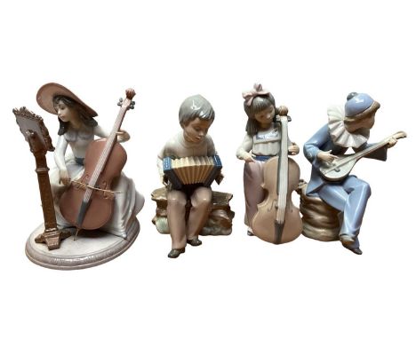 Lladro porcelain figure of a lady playing a cello, no.6332, together with three NAO figures all playing musical instruments (