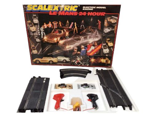 Scalextric boxed set Le Mans 24 Hour with two Porsche racing cars, plus two boxes extra track and accessories including two c