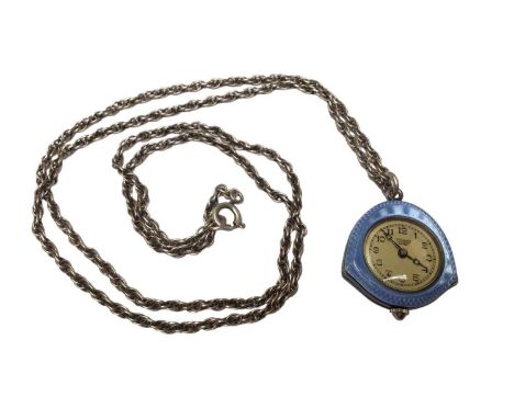 1920s silver and blue guilloche enamel pendant watch on chain with marcasite and floral decoration to reverse, dial signed C.