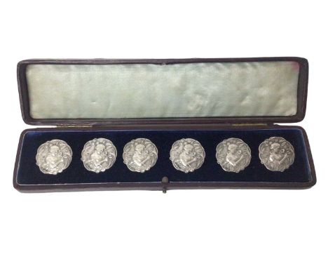 Set Six French Art Nouveau silver buttons with import marks for 1905 in original fitted maroon leather case