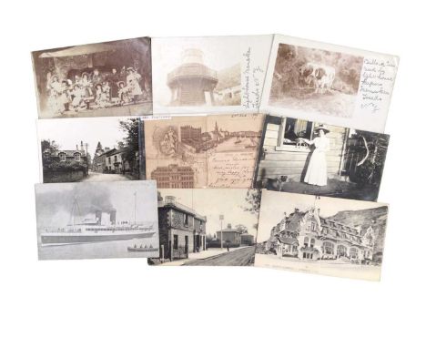 Postcards in small album and loose including 1911 real photographic Manukau Heads New Zealand lighthouse, bullocks and cart u