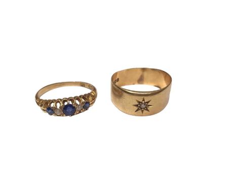 18ct gold sapphire and diamond five stone ring, size P½ and 18ct gold diamond gypsy set ring (London 1919), size STotal weigh