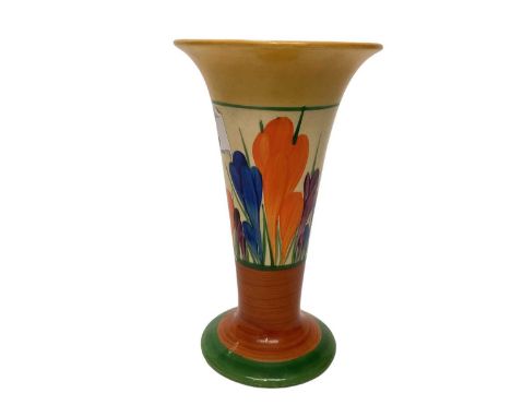 Clarice Cliff Bizarre range Crocus pattern vase with hand painted decoration, 15.5cm high