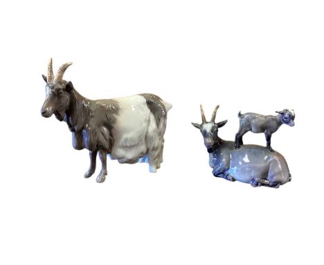 Royal Copenhagen model of a mountain goat, numbered 4726, together with another with kid on it's back, numbered 4744 (2)Both 