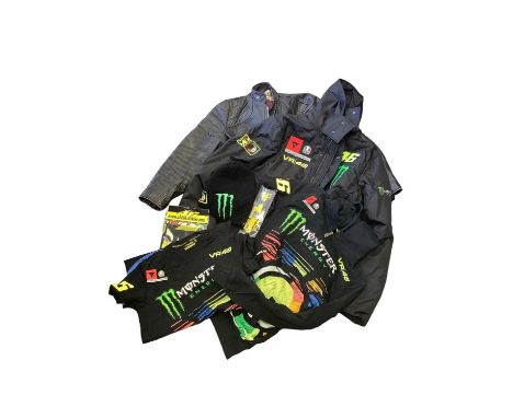 Group of motorcycle and rally clothing and accessories to include Valentino Rossi official fan club clothing for rally Monza 
