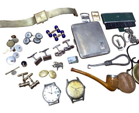 Pair of Danish silver cufflinks, pair of silver knot cufflinks, various others, small enamel plaque depicting a mountain land