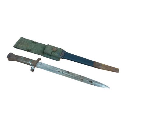Edwardian Lee Metford bayonet dated 1902 in steel mounted leather scabbard and canvas frog